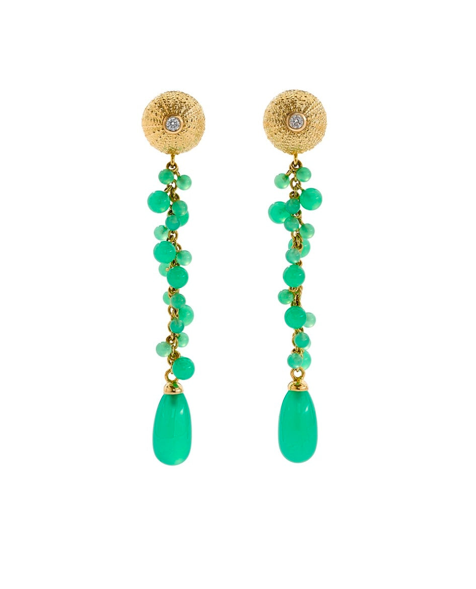 Sea Urchin Dangle Earrings in Gold Chrysoprase & Diamond