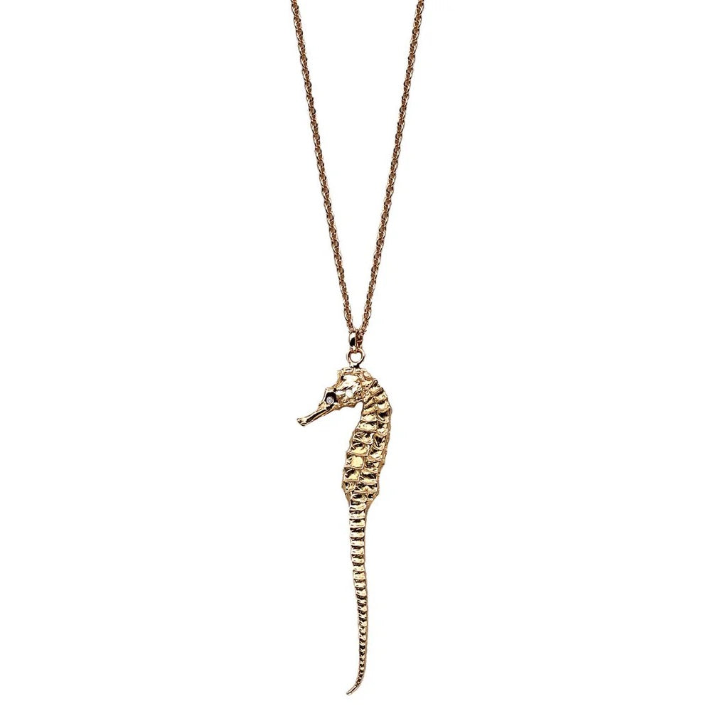 Seahorse Pendant Long in Gold Diamond